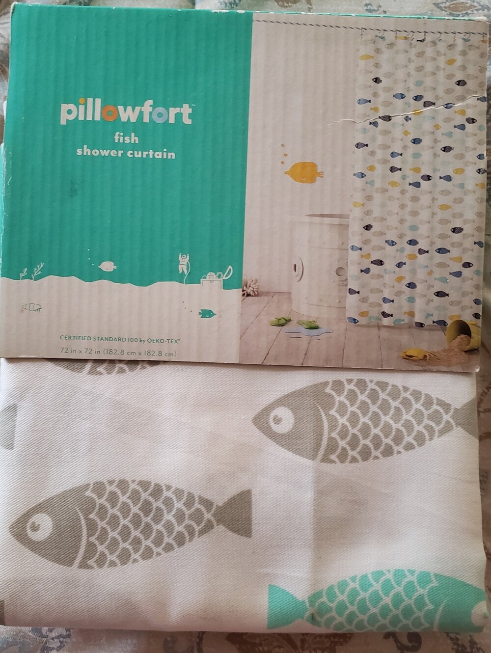 pillowfort Fish Shower Curtain - Teal and Gray New in Package